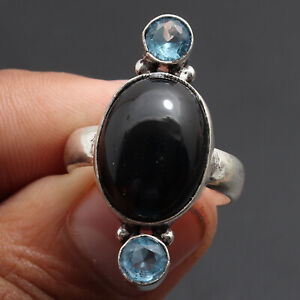F791 Black Onyx Quartz Sterling Silver Plated Ring US 8 Gemstone Jewelry