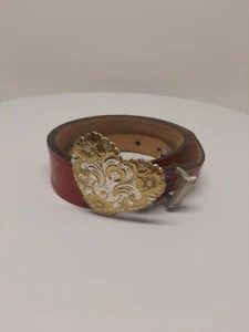 Crumrine Heavy Silver Plate Bronze Ornate Heart Buckle Tooled Leather Belt 26 - Picture 1 of 10