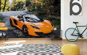 3D Sports Car Yellow Self-adhesive Removable Wallpaper Murals Wall 742