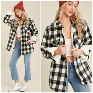 Black Buffalo Plaid Checkered Sherpa Lined Shacket Shirt Jacket Casual Womens  - Picture 1 of 6