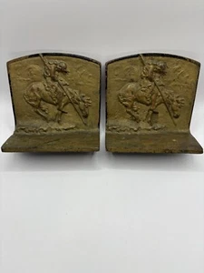 Vtg End Of The Trail Hammered Bookends Cast Native American Indian Horse Gift - Picture 1 of 24
