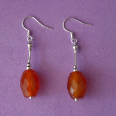 Bellissimo Argento Orecchini Con Sfaccettato Corniola Gemma 3.3 Cm. Lungo + - Immagine 1 di 4