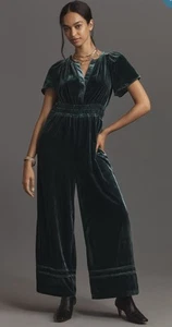 Anthropologie Somerset Jumpsuit Velvet Edition Sz S Green Holiday Minimalist - Picture 1 of 10