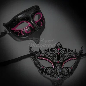 Couple's Masquerade Masks | His and Her's Masquerade Masks Black/Pink - Picture 1 of 4