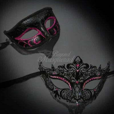 Couple's Masquerade Masks | His and Her's Masquerade Masks Black/Pink - Image 1 of 4