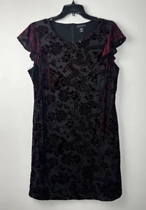 Adrienne Vittadini Velvet Burnout Shift Dress Medium Burgundy Ruffle Sleeve - Picture 1 of 12