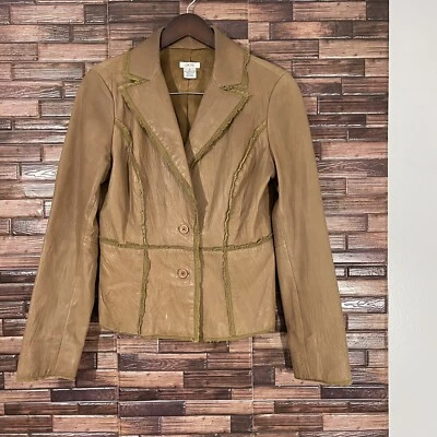 Cache Womens Size 10 Brown Lamb Leather Jacket Frayed Trim Two Button Soft - Image 1 of 4