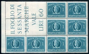 1947 Repubblica Recapito Autorizzato 1 lira verde blocco angolare  spl MNH ** - Picture 1 of 1