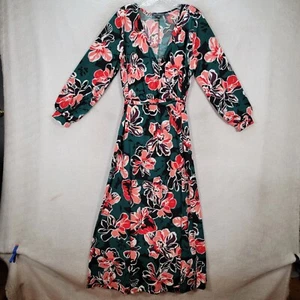Eloquii Green Floral V Neck Belted Flowy Balloon Sleeve Maxi Women Dress Size 14 - Picture 1 of 18