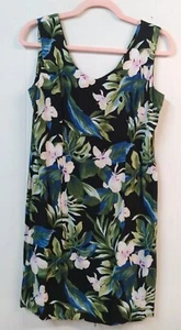 VTG Banana Jack WM Large Hawaiian Mini Sheath Dress Black Tropical Hibiscus Lea - Picture 1 of 4