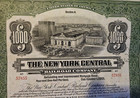 Antique 1913 New York Central Railroad Co. 4 1/2% $1000 Bond Certificate, Green