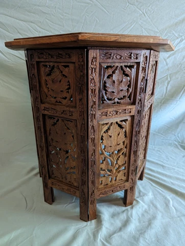 Vintage Carved Moroccan Style Indian All Wood Octagonal Table With Brass Inlay Cover