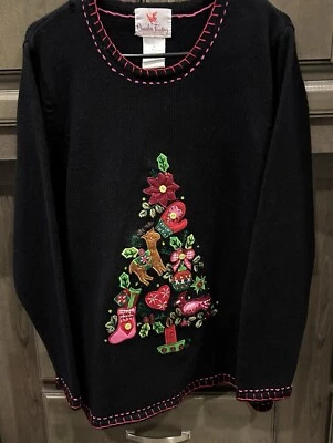 Black Ugly Christmas Sweater TREE LIGHTS UP Quacker Factory Large Preowned FLAW - Image 1 of 4