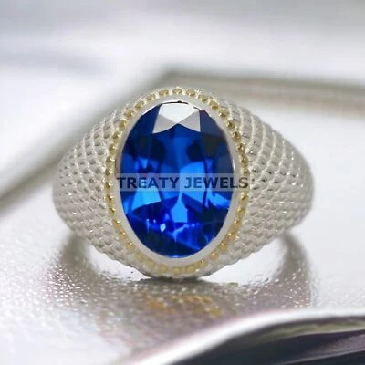 Piedra preciosa de zafiro azul de corte ovalado con anillo de plata de ley 925 para hombre #392 * Foto 1 de 4