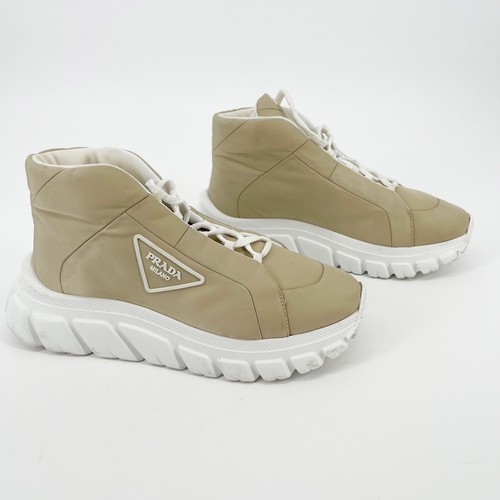Sneakers Prada Desert Beige Rush Imbottite Nylon Gabardine Logo Grosso Papà IT 38 5