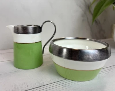 Juego de crema y cuenco vintage Mappin & Webb Cauldron England con borde plateado Sheffield Foto 1 de 4