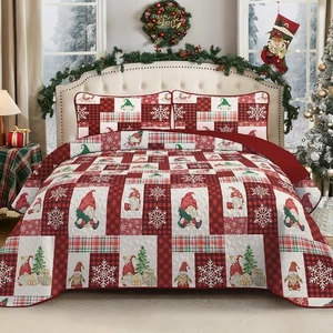 Christmas Quilt Set King Size, Christmas Plaid Bedding Set, 3 Pcs Red Gnome S... - Picture 1 of 8