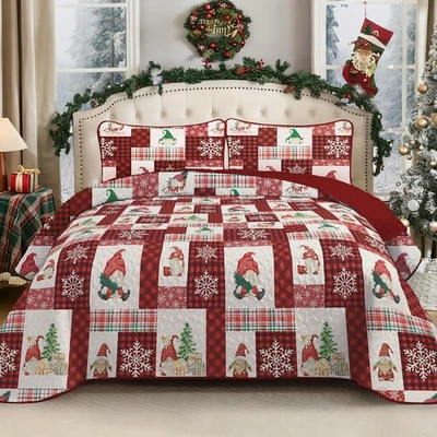 Christmas Quilt Set King Size, Christmas Plaid Bedding Set, 3 Pcs Red Gnome S... - Image 1 of 4
