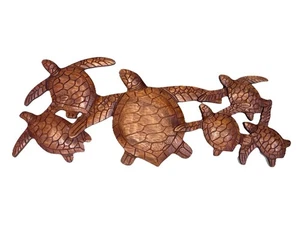 SEA TURTLE & FRIENDS NATURAL TEAK WOOD HANGING WALL ART PLAQUE PATIO HOME DECOR - Picture 1 of 3