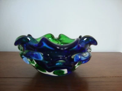 cendrier ou vide poche en verre de murano bleu cobalt et vert - Photo 1/4
