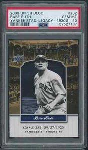 2008 Upper Deck Babe Ruth Yankee Stadium Legacy 1920's #232 PSA 10 POP 1 - Picture 1 of 2