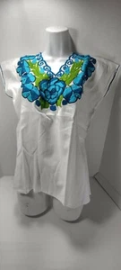 Mexican Floral Embroidered Women's Black Blouse Shirt Peasant Top - Picture 1 of 8