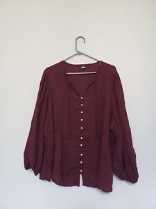 Old Navy Womens Plus Sz 3X Blouse Button Front Balloon Sleeve Maroon Eyelet Lace