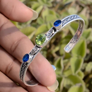 Oval Peridot, Blue Tanzanite Handmade Bracelet Cuff 925 Sterling Silver Bangle - Picture 1 of 8
