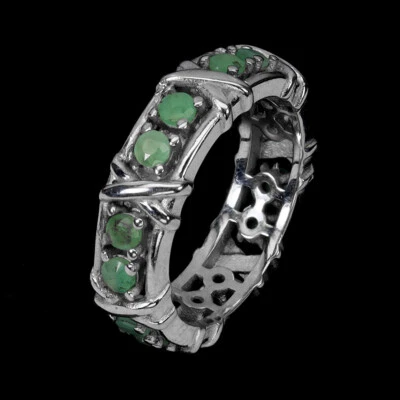 Anello In Argento Sterling 925 Con Gemma Naturale Di Smeraldo Rotondo Taglia 7 - Immagine 1 di 4