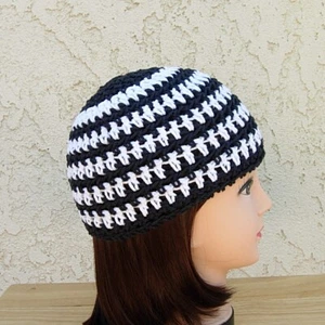 Off Black and White Striped 100% Cotton Crochet Knit Hat Summer Women's Beanie - Picture 1 of 7