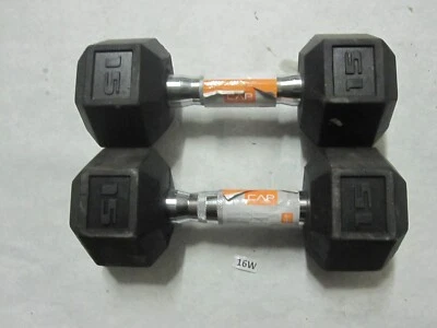 CAP PAIR of 15Lb Rubber Hex Dumbbells Strength Training Fitness Muscle Gym - Image 1 of 4