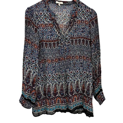 Joie Silk Paisley Boho Print Long Sleeve Sheer Tunic Blouse Small - Image 1 of 4