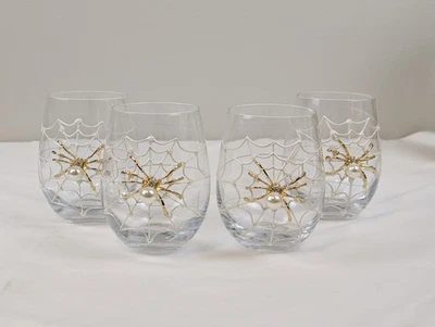 4 copas de vino de Halloween con perlas doradas sin tallo de araña blanca nuevas Foto 1 de 4