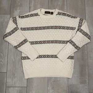 Vintage Eddie Bauer Sweater Mens Large Cream Fair Isle Knit Crewneck Nordic - Picture 1 of 7