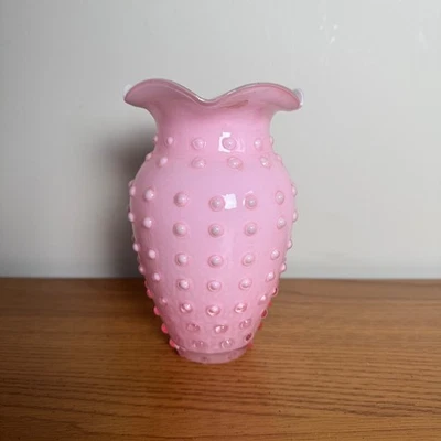 Pink Hobnail Fenton Glass Bud Vase Ruffled Rim Vintage Art Glass Decor - Image 1 of 4