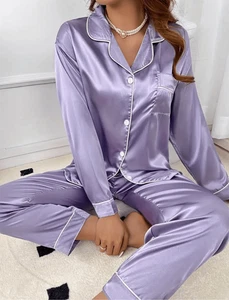 Neu mit Etikett 2-teiliges Pyjama-Set lila Satin XXL Kragen Knopf Langarm Hose & Oberteil 2XL - Bild 1 von 8