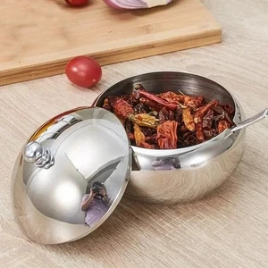 Stainless Steel Seasoning Jar Sugar Grain Spice Bottle Spoon Drum Shaped Lid Kit - Picture 1 of 6