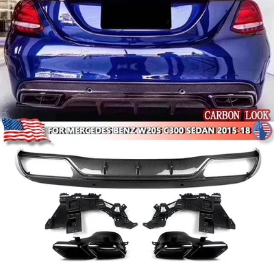 For Mercedes Benz W205 C300 Sedan 2015-18 Rear Diffuser+Exhaust Tips Carbon Look — 第 1/4 张图片
