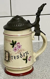 ANTIQUE PORCELAIN STEIN "ANDENKEN AN DRESDEN" WITH LITHOPHANE SS11 THUMBLIFT - Picture 1 of 11