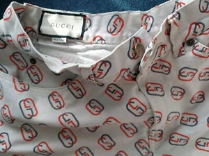 GUCCI Mens Red Blue GG Logo Print Twill Denim Shorts Ivory 36 Pre Owned Nice !! - Picture 1 of 6