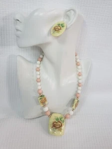 Vintage Contempo Fashion Acrylic Stone Floral Beaded Necklace W/ Earrings - Picture 1 of 10