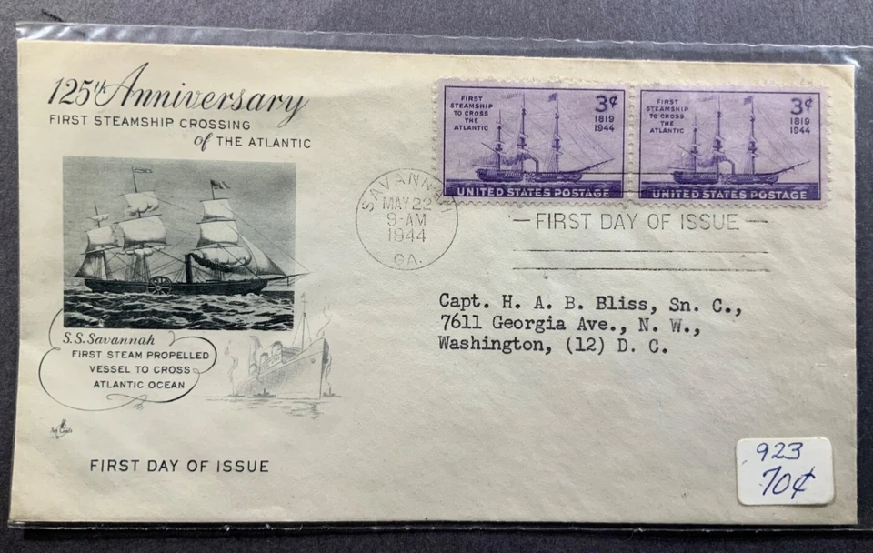 923 First Steamship Crossing of the Atlantic  (Art Craft FDC 1944 Savannah GA) - Image 1 of 1
