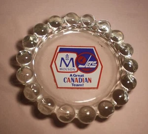 VTG. ADVERTISING WINNIPEG JETS HOCKEY & MOLSON CANADIAN BEER ART GLASS ASHTRAY - Picture 1 of 5