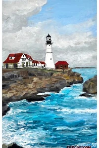 Pintura acrílica Portland Head Light arte faro original 5,5 x 8,5 pulgadas - Imagen 1 de 5