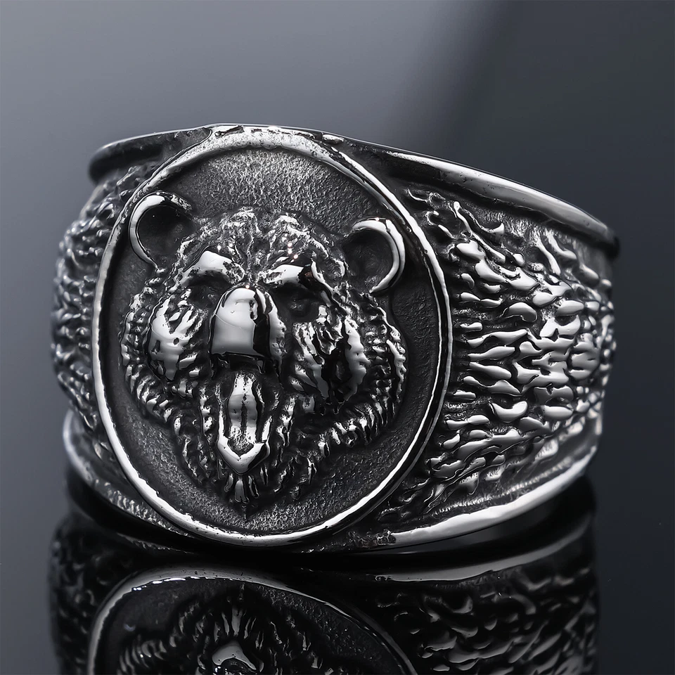 Vintage Roaring Bear Head Signet Ring Stainless Steel Men's Viking Amulet Ring - Image 1 of 1