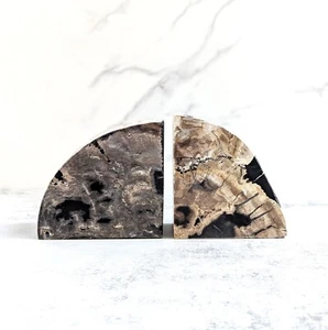 Petrified Wood Natural Stone Bookends Black Tan Neutral Marbled Home Decor - Picture 1 of 10