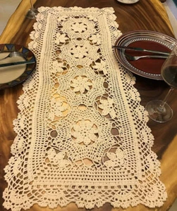 Vintage Handmade Floral Crochet Lace Table Runner Doily Hollow Cotton Tablecloth - Picture 1 of 23
