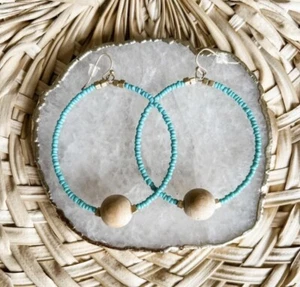 Woman’s Jewelry Seed Beaded Turquoise  Wood Hoop Earrings! Gorgeous ! - Picture 1 of 4