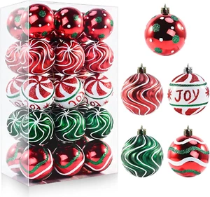 30PCS Red Green White Christmas Balls Ornaments - Shatterproof Xmas Tree Decor - Picture 1 of 12