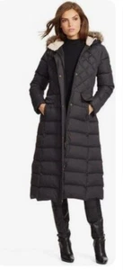 Lauren Ralph Lauren Parka Pelliccia Bordo Cappuccio Lungo Piumino Imbottito Piumino Cappotto S - Foto 1 di 13